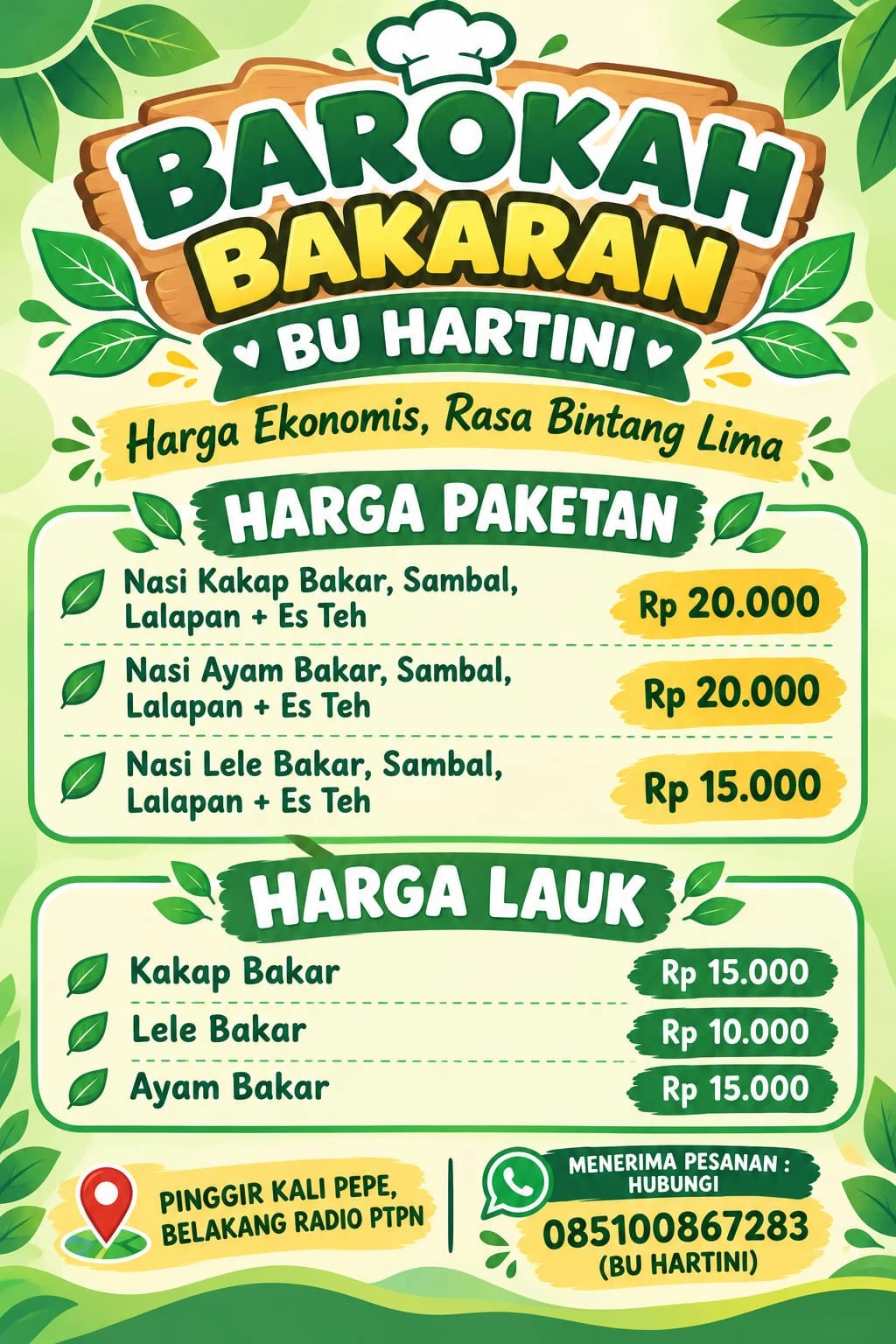 Poster daftar harga Barokah Bakaran Bu Hartini: harga paketan dan harga lauk.